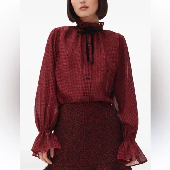 Ganni Red & Black Check Seersucker Tie Neck Shirt ♥️ - Picture 1 of 15